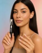 بنت تمسك بعبوة سيرم الاظافر الابيض من سفيرة الذي يعالج الفطريات و الاكزيما و يقويها و يعمل علي تفتيح لونها من الاصفرار