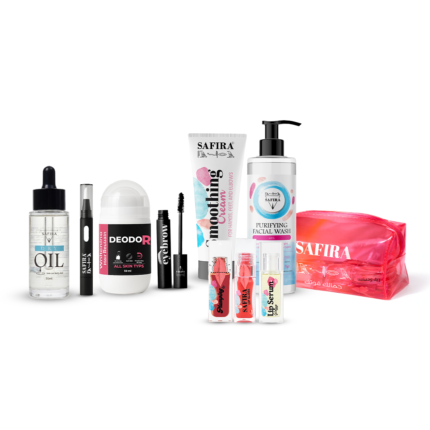 عرض سفيرة المتكامل – Dry Oil + غسول الوجه + سيرم أبيض + Lip Serum + Lip Gloss + Lip Plumping + مزيل عرق + كريم مرطب للجسم + ماسكرا الحواجب
