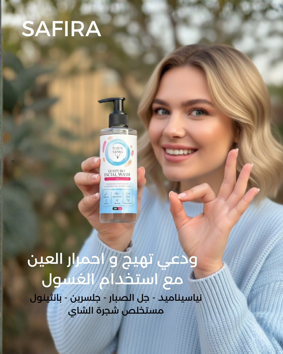 بنت بتبتسم وماسكة غسول وجه SAFIRA، مناسب للبشرة الحساسة وبيهدّي احمرار العين